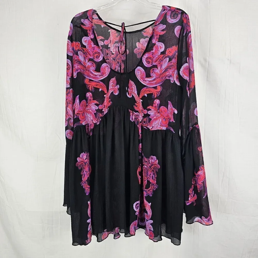 Free People Intimately Symphony Slip Mini Tunic Tie Back Dress Paisley XS